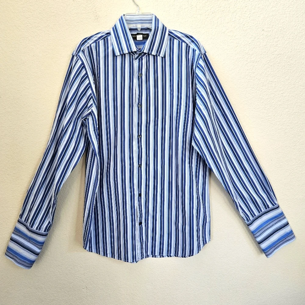 Banana Republic Men's Sz L Dusty Blue White Navy Stripe Button Up Shirt Long EUC